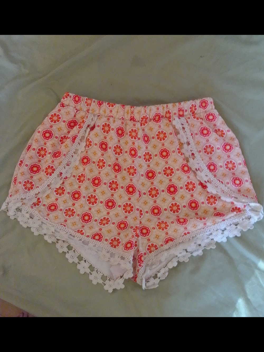 Orange And Cream Floral Lace Trim Shorts
